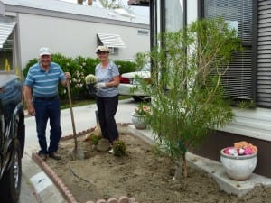 Some of our residents building a new garden in the Indio RV Parks community